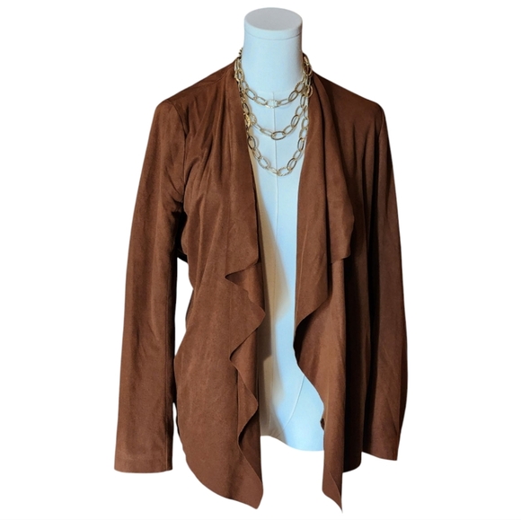 Zara Basic Brown Faux Suede Draped Open Front Jacket Size S Chic Layering Piece - Picture 1 of 9